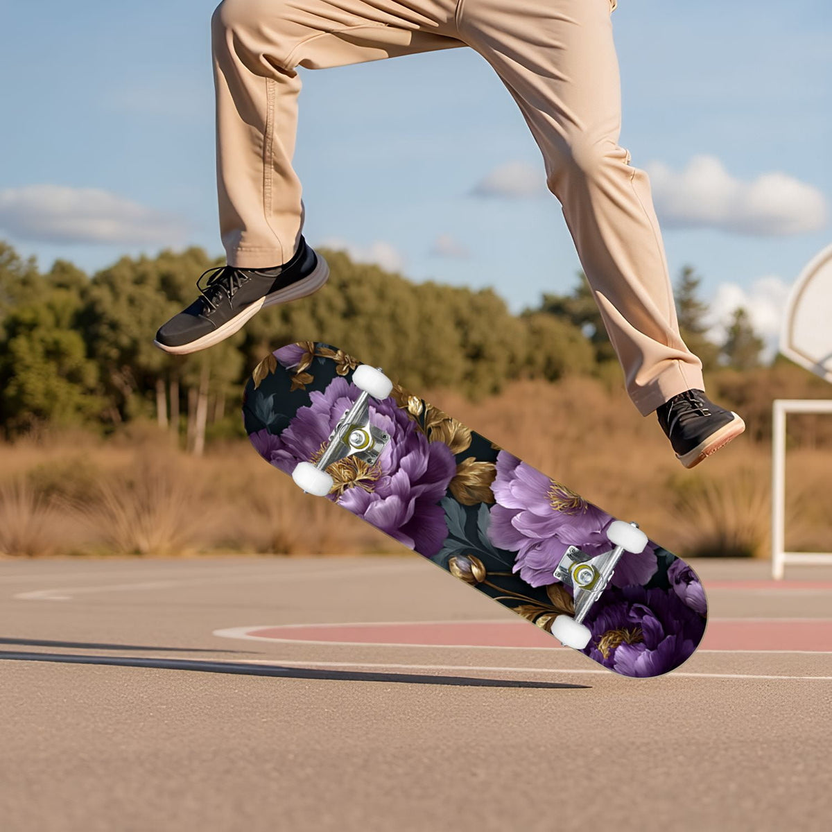Elegant Cream Peach Peony Floral Green 31" x 8" Complete Skateboard, 7-Ply Canadian Maple Double Kick Trick Board for Kids and Beginners Adult Gifts