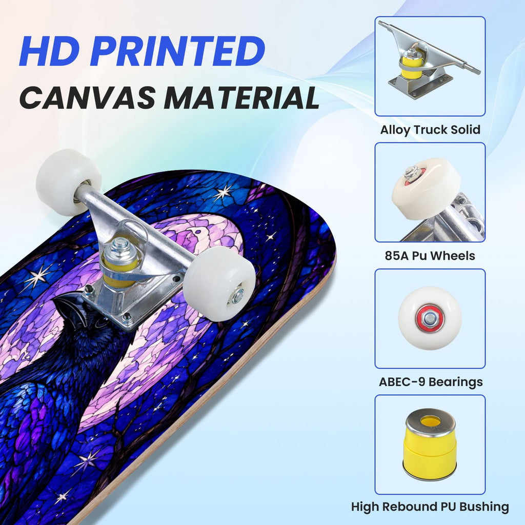 31"x8" Complete Skateboards for Beginners, Glowing Bioluminescent Mushrooms Mystical Forest Double Kick 7 Ply Canadian Maple Deck Skateboard with Wheels, Gifts for Kids Teens
