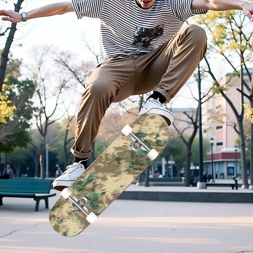 31"x8" Complete Skateboards for Beginners,Abstract Natural Earthy Tones Brush Strokes Camouflage Double Kick 7 Ply Canadian Maple Deck Skateboard with Wheels, Gifts for Kids Teens