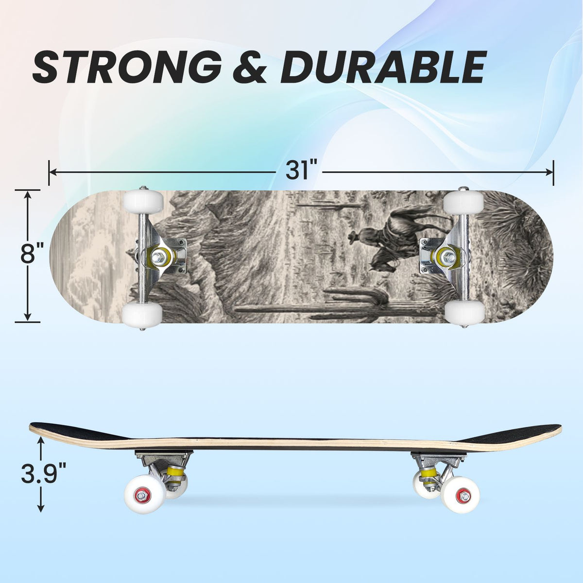 31"x8" Complete Skateboards for Beginners, White Birch Tree Bark Natural Knots Horizontal Lines Double Kick 7 Ply Canadian Maple Deck Skateboard with Wheels, Gifts for Kids Teens