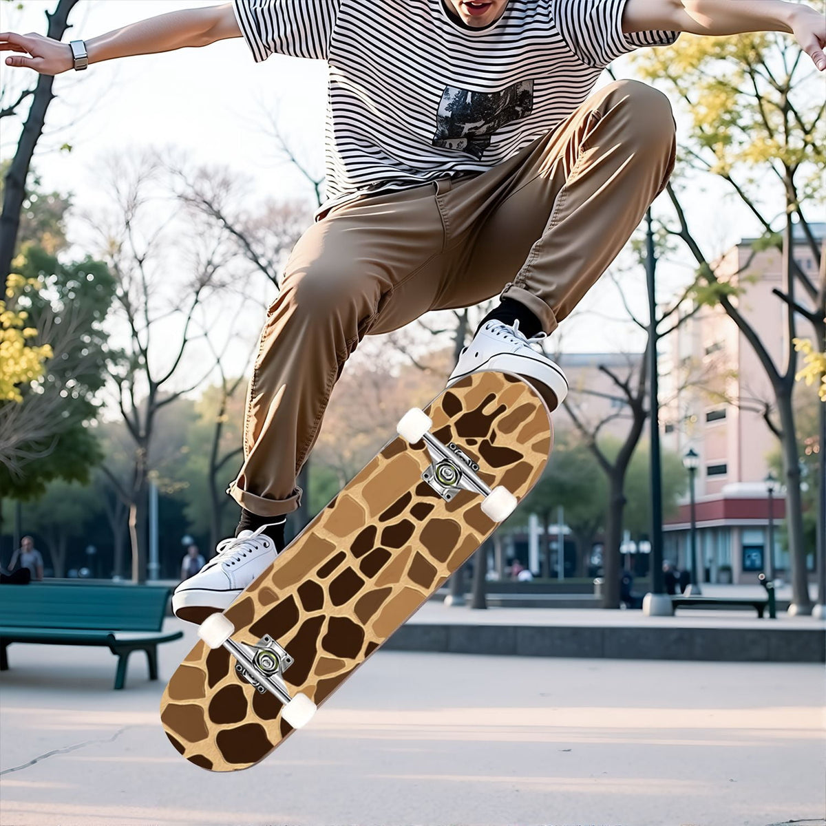 31"x8" Complete Skateboards for Beginners,Leopard Print Black Brown Beige Double Kick 7 Ply Canadian Maple Deck Skateboard with Wheels, Gifts for Kids Teens