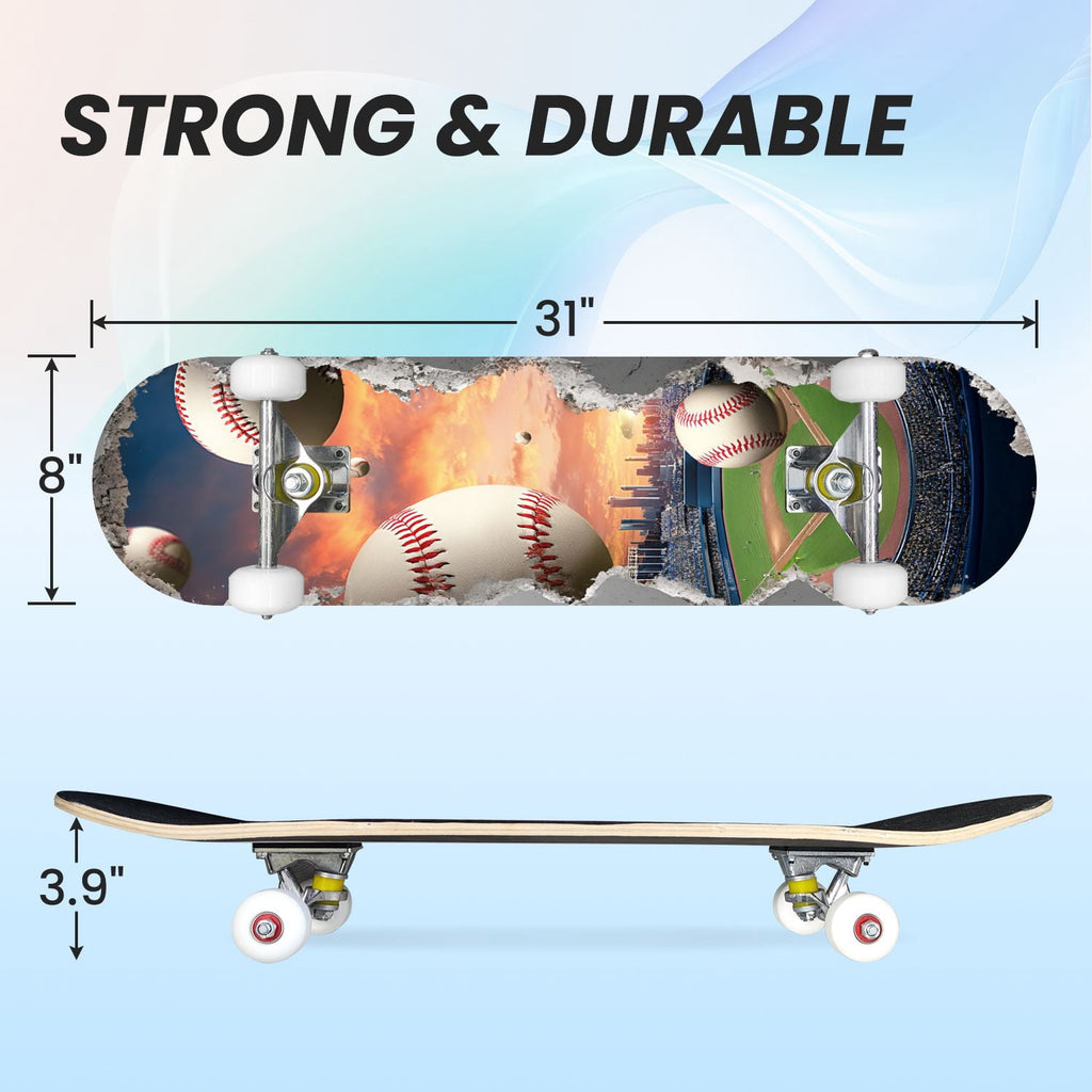 31"x8" Complete Skateboards for Beginners,baseball stadium giant baseballs sunset sky Double Kick 7 Ply Canadian Maple Deck Skateboard with Wheels, Gifts for Kids Teens