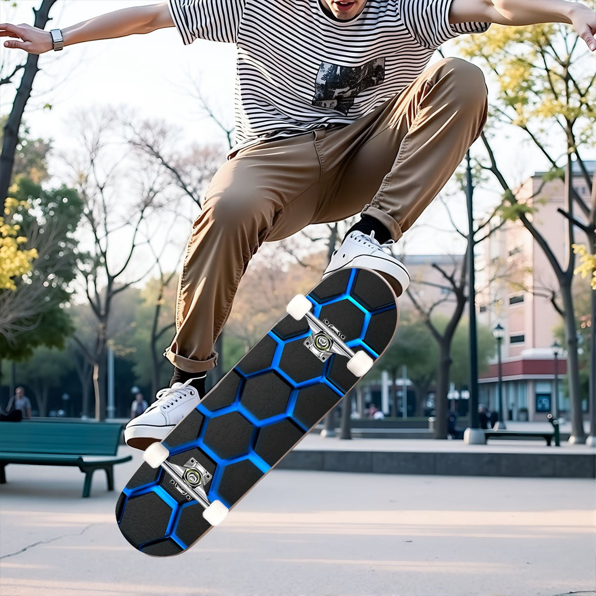 31"x8" Complete Skateboards for Beginners,Hexagon neon blue glow futuristic Double Kick 7 Ply Canadian Maple Deck Skateboard with Wheels, Gifts for Kids Teens