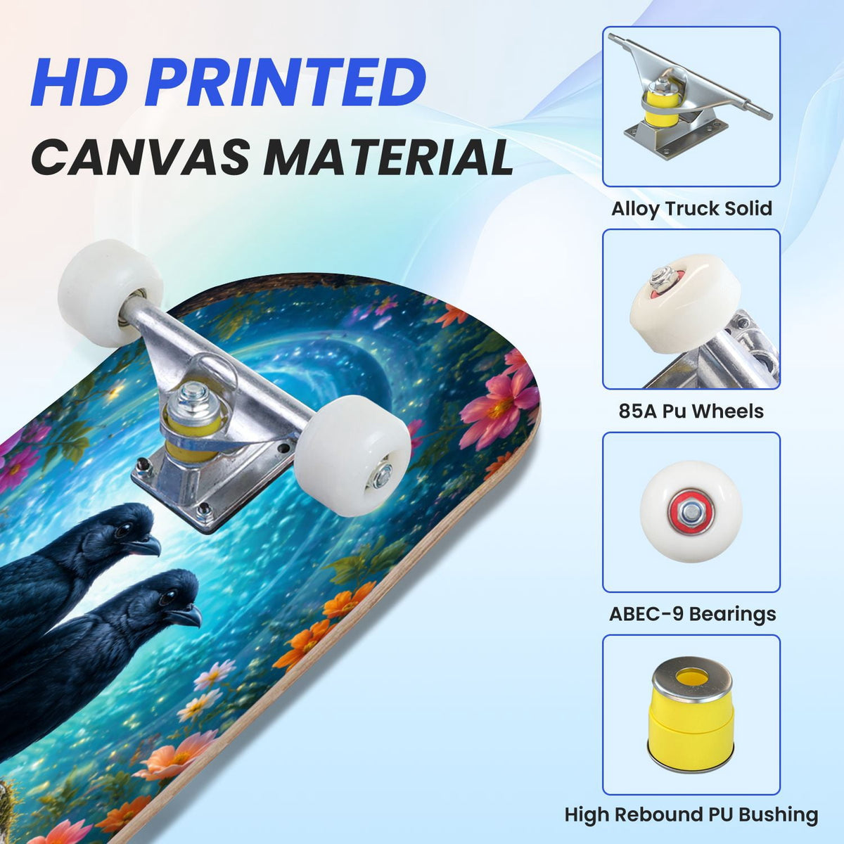 31"x8" Complete Skateboards for Beginners,Vintage Botanical Moth Autumn Leaves Mushrooms Double Kick 7 Ply Canadian Maple Deck Skateboard with Wheels, Gifts for Kids Teens