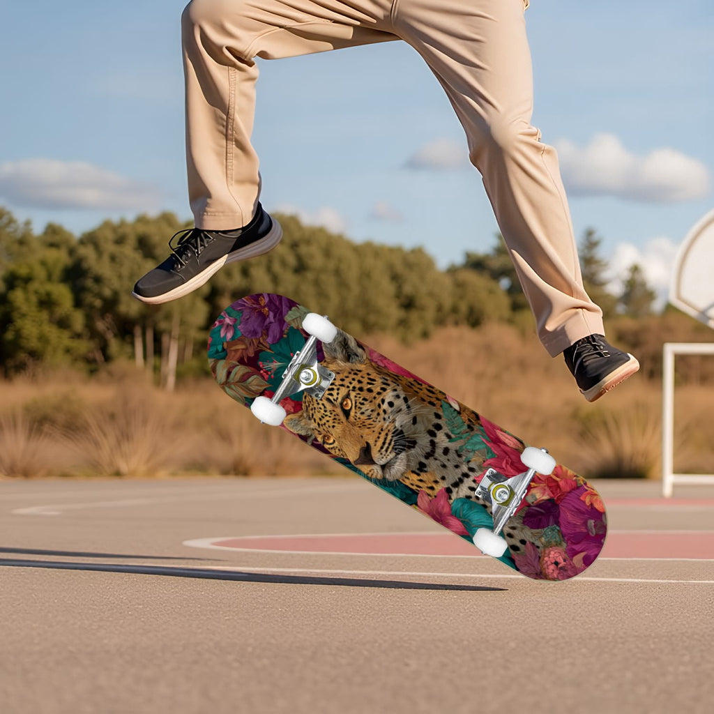 Elegant Cream Peach Peony Floral Green 31" x 8" Complete Skateboard, 7-Ply Canadian Maple Double Kick Trick Board for Kids and Beginners Adult Gifts