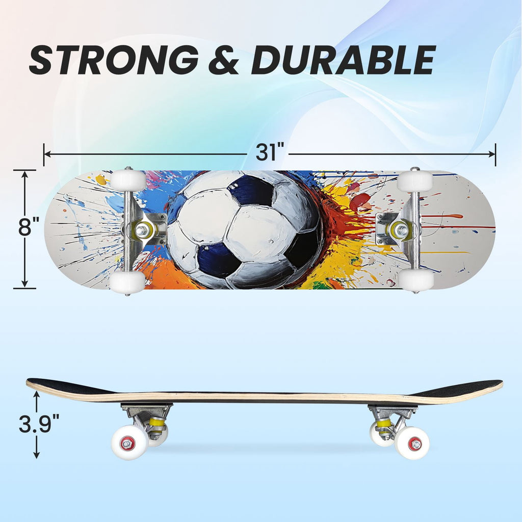 31"x8" Complete Skateboards for Beginners,Abstract Soccer Ball Vibrant Paint Splashes Drips Double Kick 7 Ply Canadian Maple Deck Skateboard with Wheels, Sports Gifts for Kids Teens