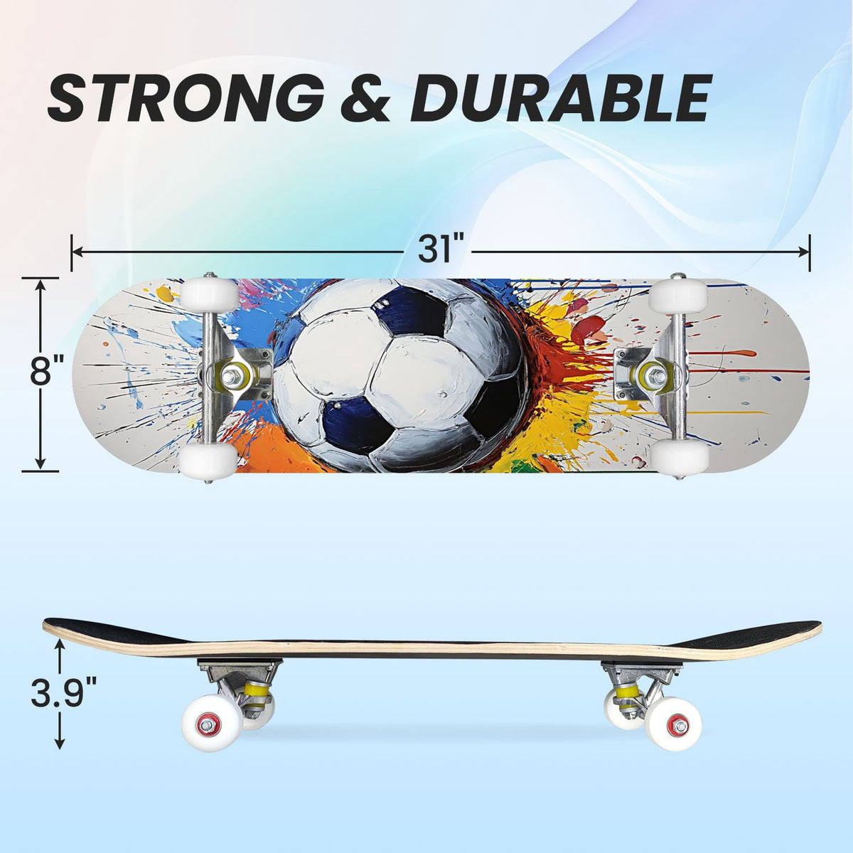 31"x8" Complete Skateboards for Beginners,Abstract Soccer Ball Vibrant Paint Splashes Drips Double Kick 7 Ply Canadian Maple Deck Skateboard with Wheels, Sports Gifts for Kids Teens