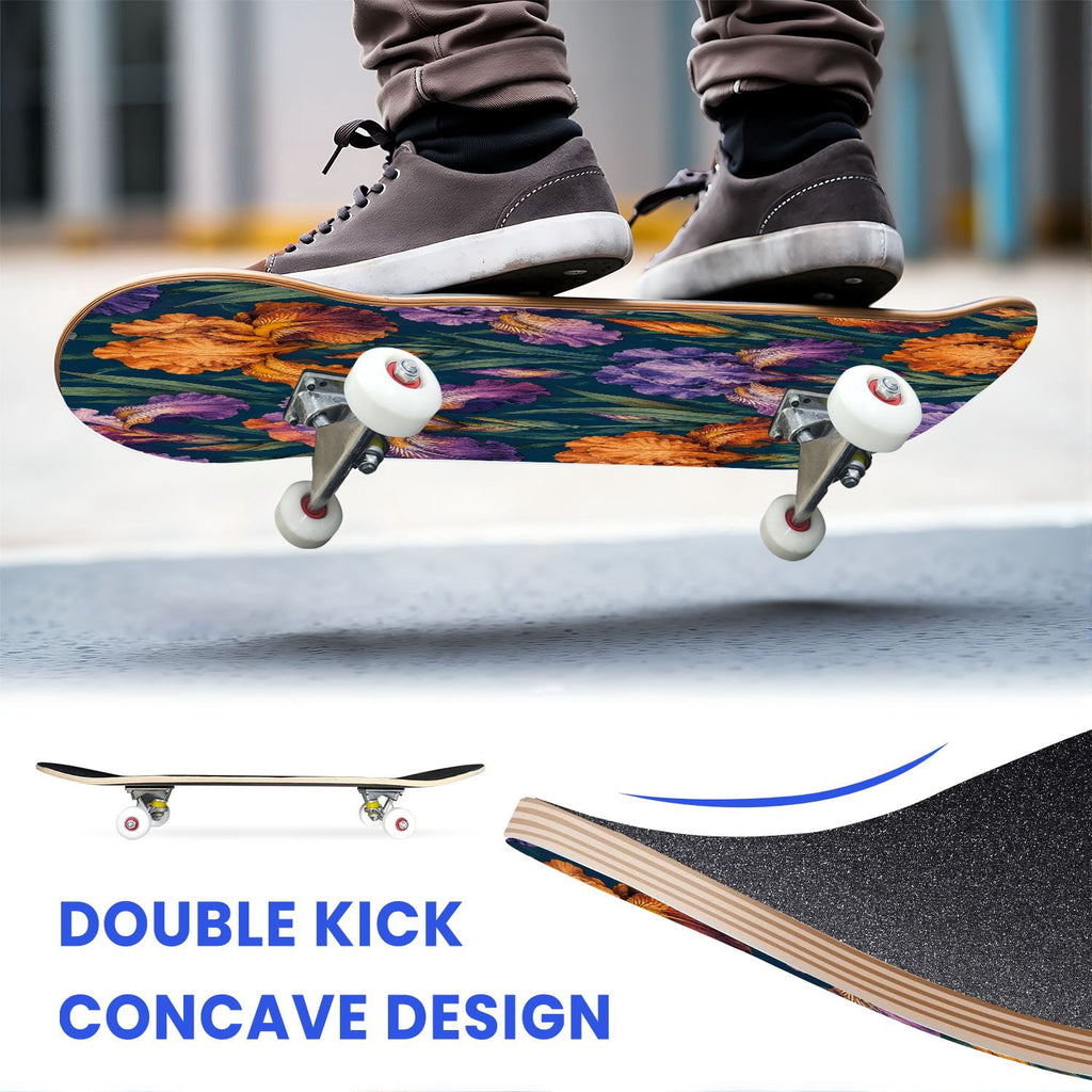 31"x8" Complete Skateboards for Beginners, Vibrant Purple Teal Floral Artwork Golden Accents Vintage Double Kick 7 Ply Canadian Maple Deck Skateboard with Wheels, Gifts for Kids Teens