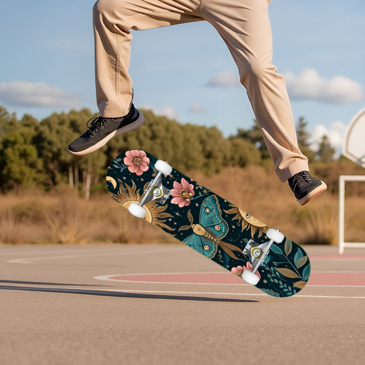 Golden Floral Line Art Seamless 31" x 8" Complete Skateboard, 7-Ply Canadian Maple Double Kick Trick Board for Kids and Beginners Adult Gifts