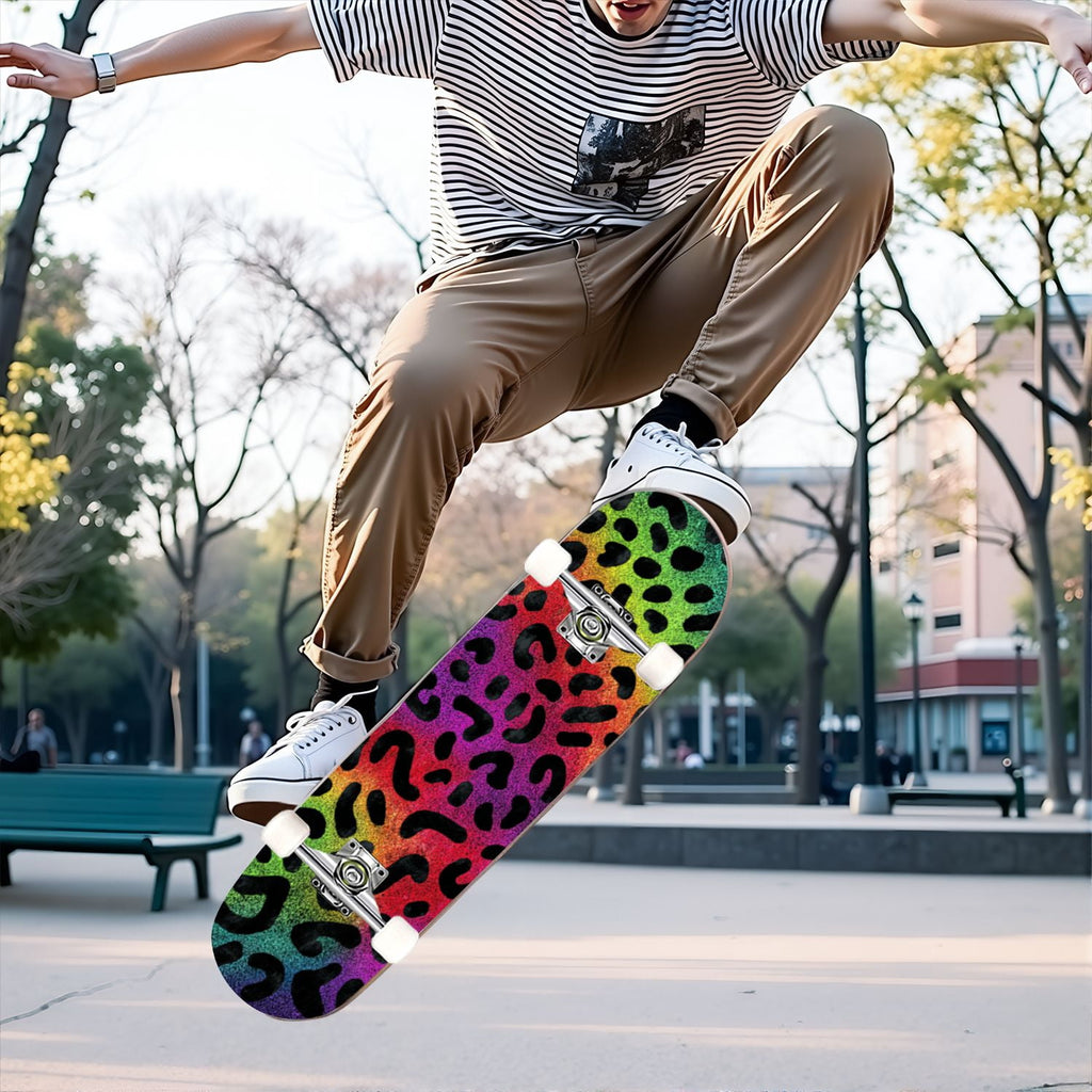 31"x8" Complete Skateboards for Beginners,Black Leopard Print Grey Double Kick 7 Ply Canadian Maple Deck Skateboard with Wheels, Gifts for Kids Teens