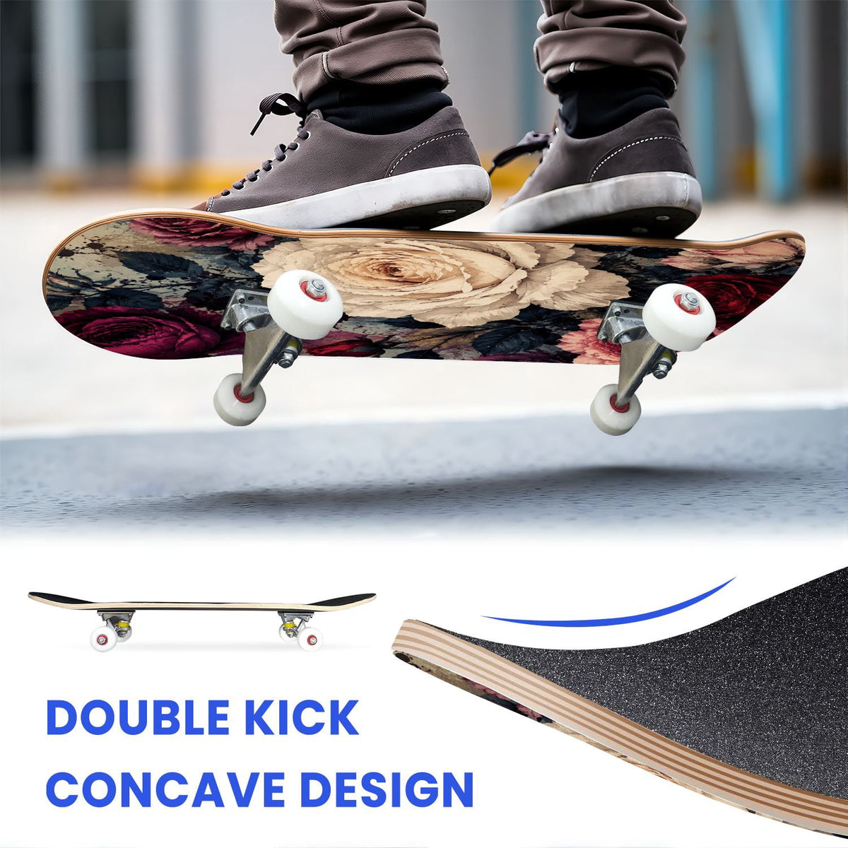 31"x8" Complete Skateboards for Beginners,Vintage Botanical Skull Flowers Elements Dark Double Kick 7 Ply Canadian Maple Deck Skateboard with Wheels, Gifts for Kids Teens