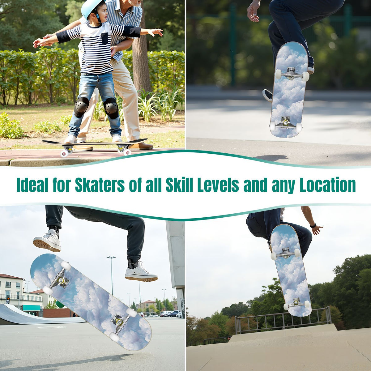 31"x8" Complete Skateboards for Beginners, Pastel Clouds Sparkles Dreamy Gradient Sky Summer Decor Double Kick 7 Ply Canadian Maple Deck Skateboard with Wheels, Gifts for Kids Teens