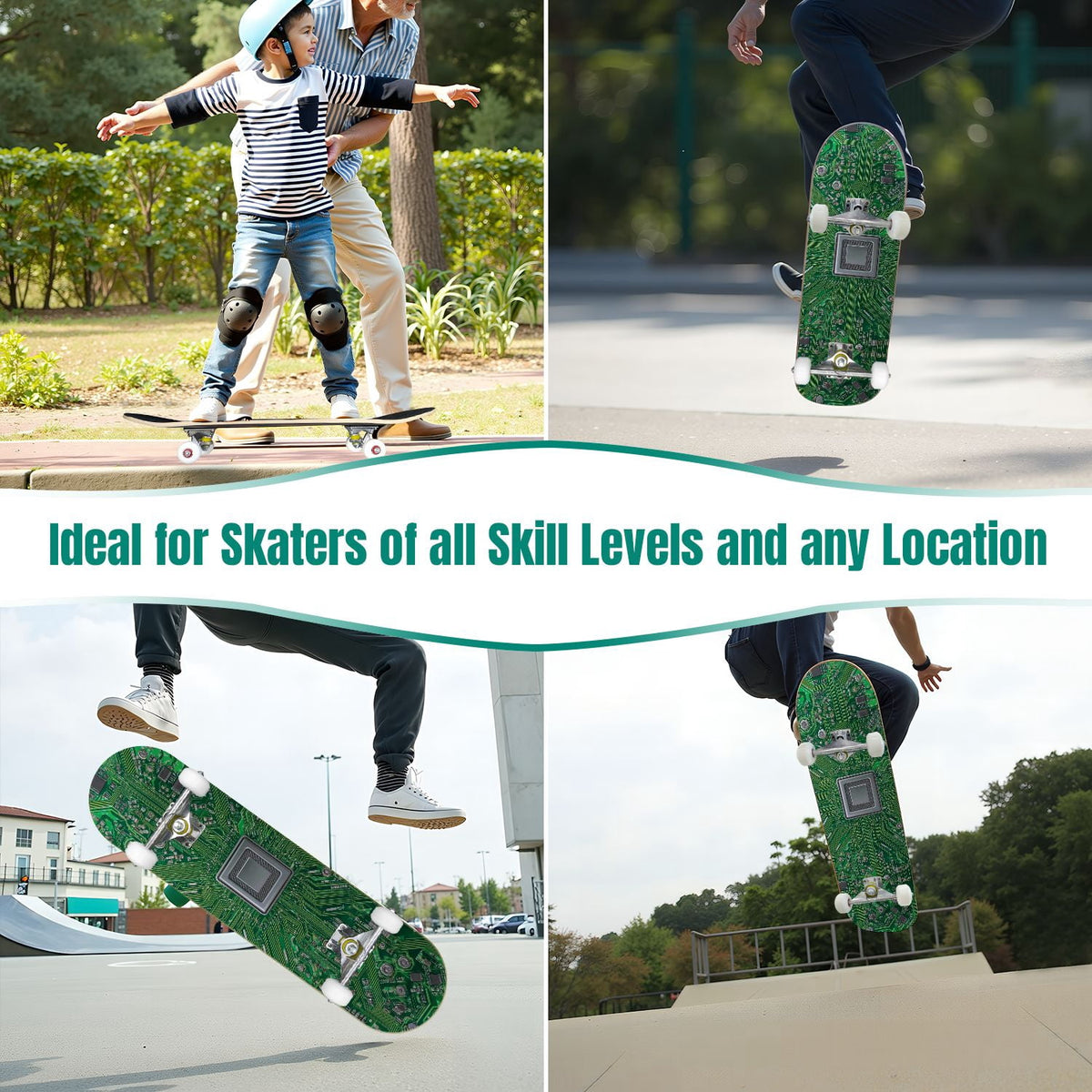 Futuristic Blue Abstract Technology Glowing Core 31" x 8" Complete Skateboard, 7-Ply Canadian Maple Double Kick Trick Board for Kids and Beginners Adult Gifts