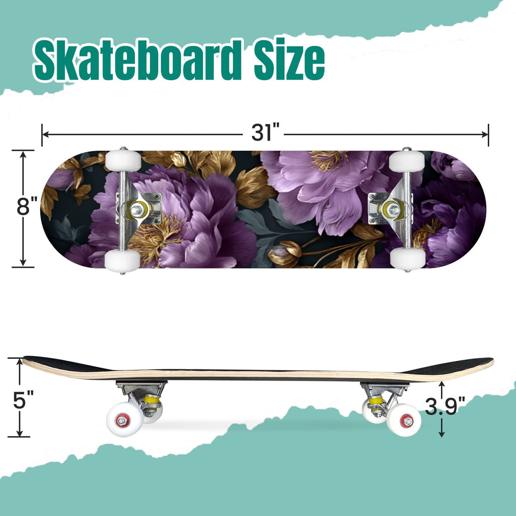 Elegant Cream Peach Peony Floral Green 31" x 8" Complete Skateboard, 7-Ply Canadian Maple Double Kick Trick Board for Kids and Beginners Adult Gifts