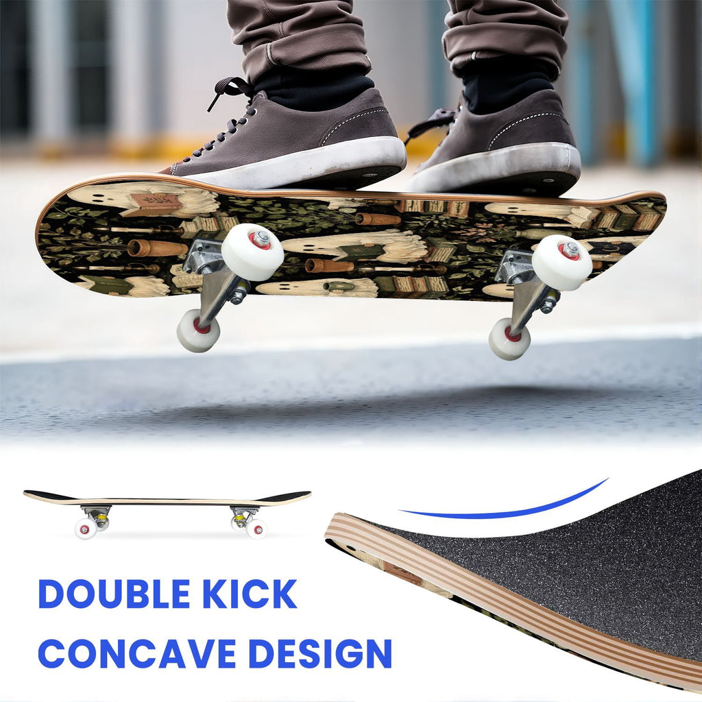 31"x8" Complete Skateboards for Beginners,Halloween Black Cats Pumpkins Ghosts Bats Beige Double Kick 7 Ply Canadian Maple Deck Skateboard with Wheels, Gifts for Kids Teens