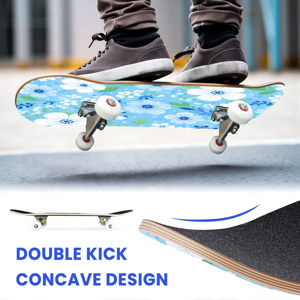 31"x8" Complete Skateboards for Beginners,Elegant White Blue Flowers Soft Petals Dreamy Artistic Double Kick 7 Ply Canadian Maple Deck Skateboard with Wheels, Gifts for Kids Teens