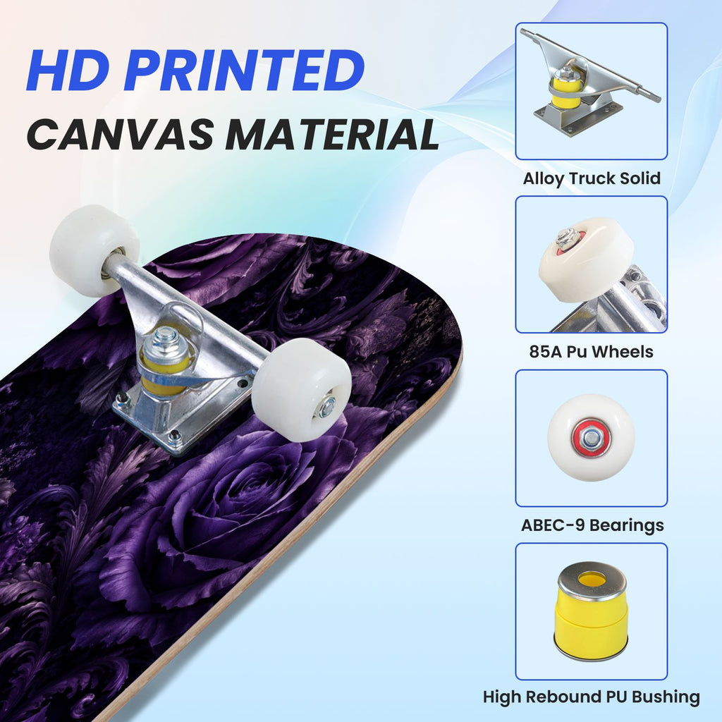 31"x8" Complete Skateboards for Beginners, Purple White Cosmos Flowers Butterflies Watercolor Double Kick 7 Ply Canadian Maple Deck Skateboard with Wheels, Gifts for Kids Teens