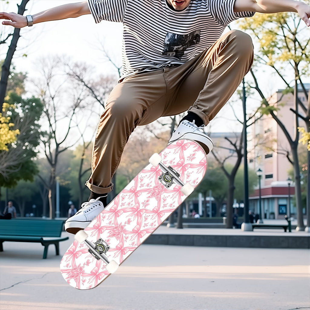 31"x8" Complete Skateboards for Beginners, Pink Floral Ribbon Roses Bows White Double Kick 7 Ply Canadian Maple Deck Skateboard with Wheels, Gifts for Girls Teens