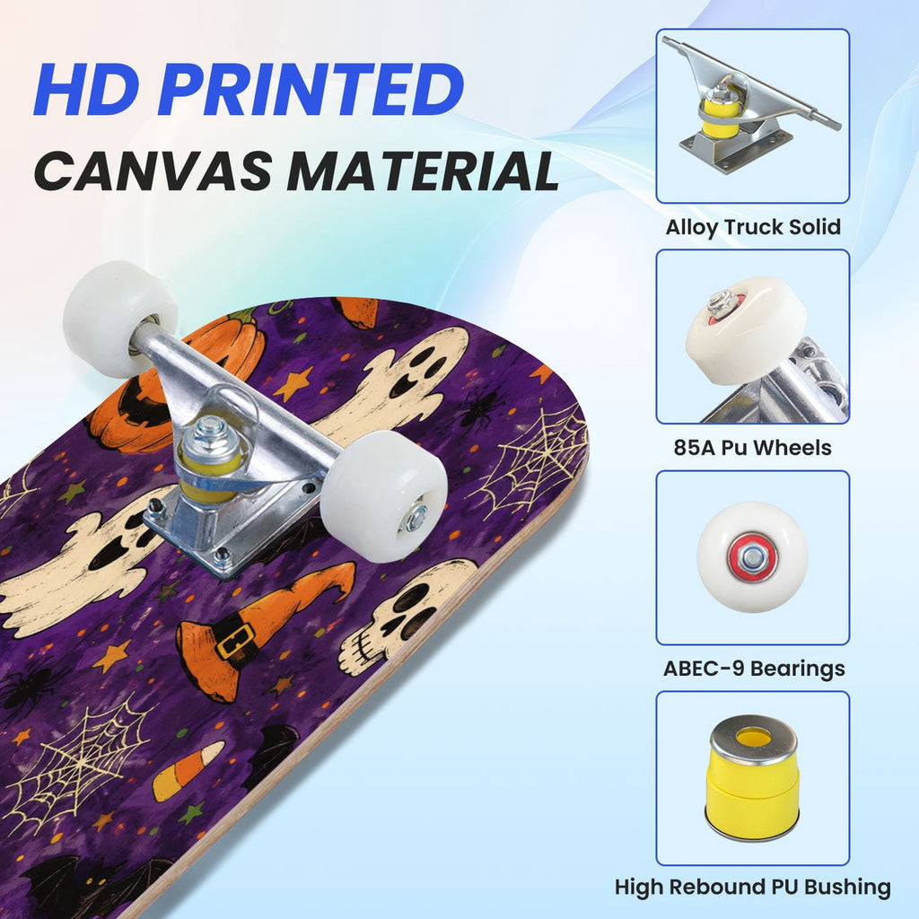 31"x8" Complete Skateboards for Beginners,Halloween Black Cats Pumpkins Ghosts Bats Beige Double Kick 7 Ply Canadian Maple Deck Skateboard with Wheels, Gifts for Kids Teens