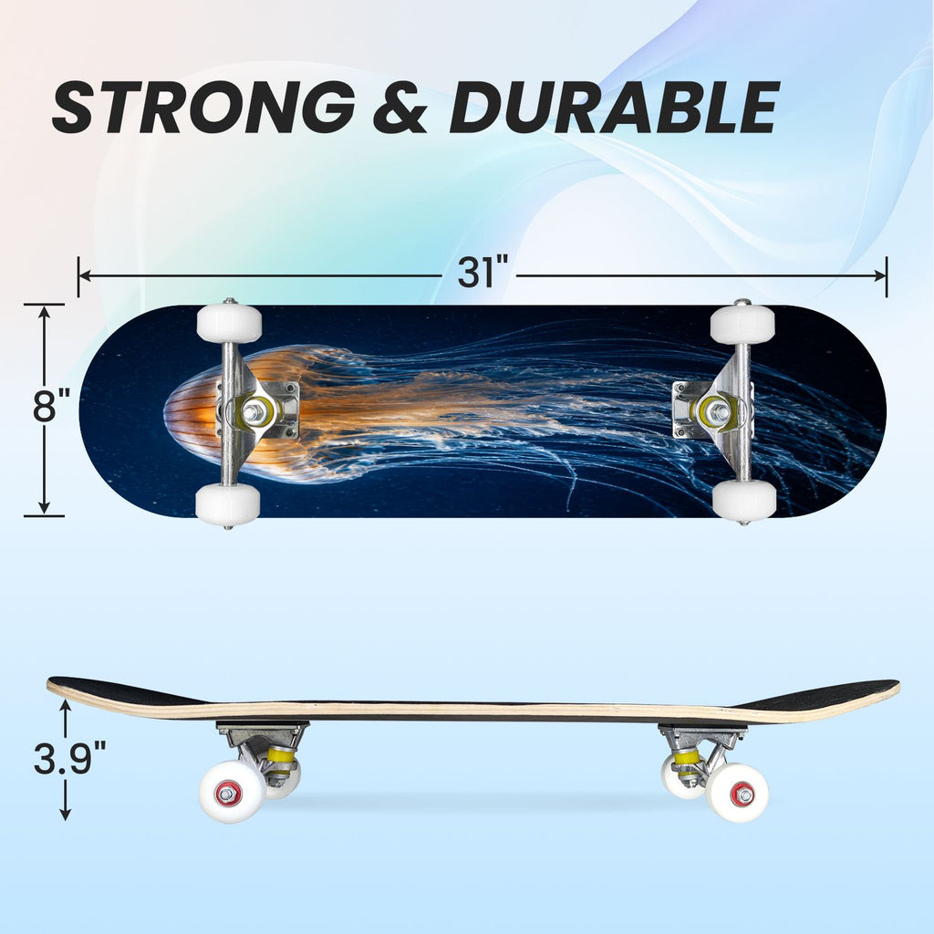 31"x8" Complete Skateboards for Beginners, Seashell Starfish Blue White Nautical Marine Life Double Kick 7 Ply Canadian Maple Deck Skateboard with Wheels, Gifts for Kids Teens