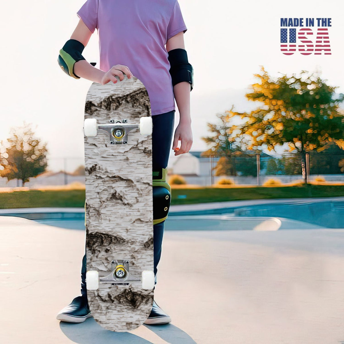 31"x8" Complete Skateboards for Beginners, White Birch Tree Bark Natural Knots Horizontal Lines Double Kick 7 Ply Canadian Maple Deck Skateboard with Wheels, Gifts for Kids Teens