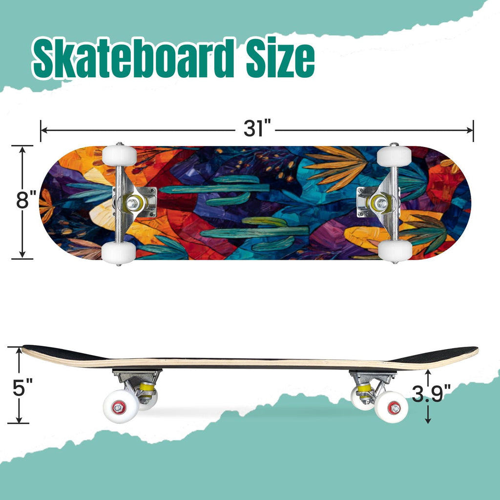 Botanical Floral Peonies Hummingbirds 31" x 8" Complete Skateboard, 7-Ply Canadian Maple Double Kick Trick Board for Kids and Beginners Adult Gifts