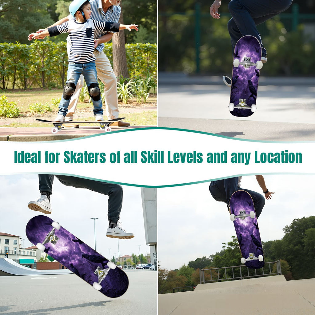 31"x8" Complete Skateboards for Beginners, Romantic Skeletons Blooming Roses Dark Academia Double Kick 7 Ply Canadian Maple Deck Skateboard with Wheels, Gifts for Kids Teens