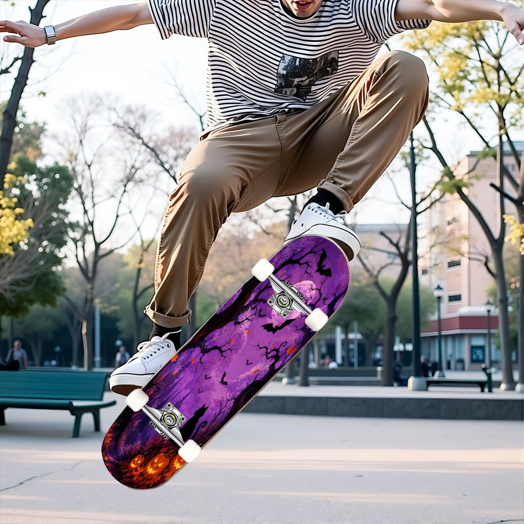 31"x8" Complete Skateboards for Beginners,Halloween Forest Bats Black Cat Glowing Double Kick 7 Ply Canadian Maple Deck Skateboard with Wheels, Gifts for Kids Teens