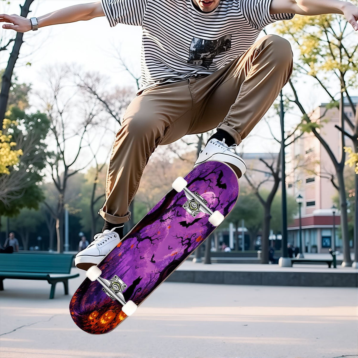 31"x8" Complete Skateboards for Beginners,Halloween Forest Bats Black Cat Glowing Double Kick 7 Ply Canadian Maple Deck Skateboard with Wheels, Gifts for Kids Teens
