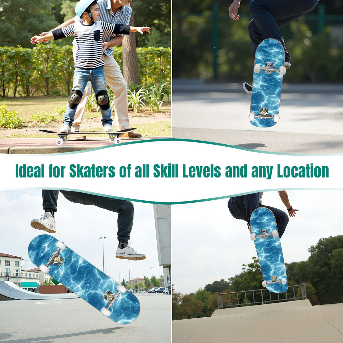 Starry Nebula Deep Blue Purple Tones Cosmic Clouds Stars 31" x 8" Complete Skateboard, 7-Ply Canadian Maple Double Kick Trick Board for Kids and Beginners Adult Gifts