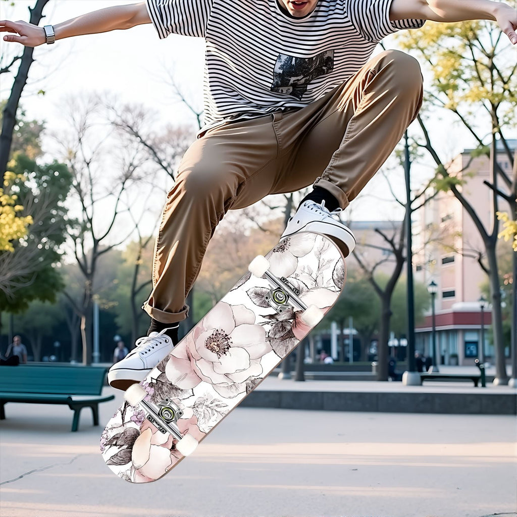 31"x8" Complete Skateboards for Beginners, Elegant Peony Floral Soft Pink White Tones Neutral Double Kick 7 Ply Canadian Maple Deck Skateboard with Wheels, Gifts for Kids Teens