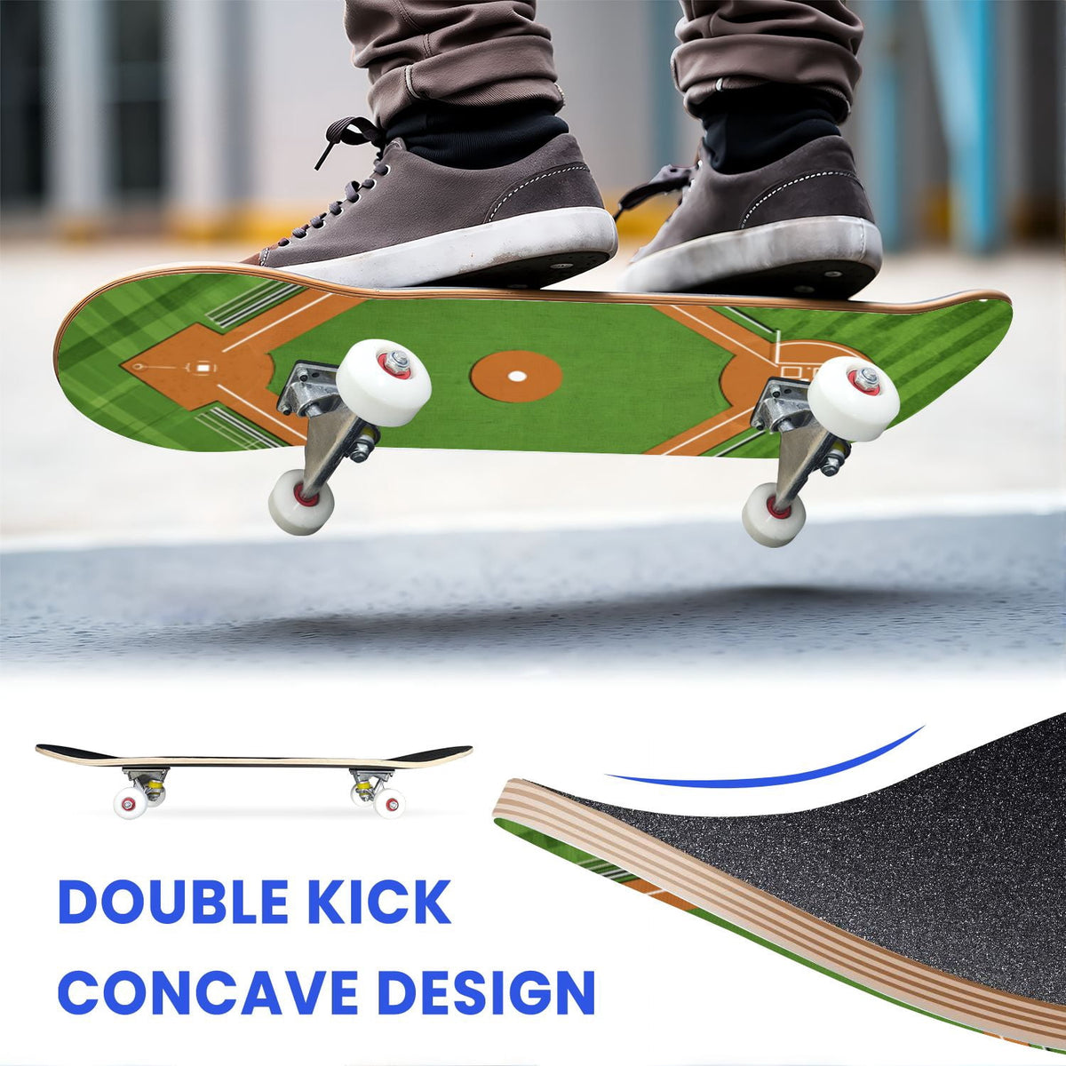 31"x8" Complete Skateboards for Beginners,Close up Baseball Red Stitches Leather Double Kick 7 Ply Canadian Maple Deck Skateboard with Wheels, Sports Gifts for Kids Teens
