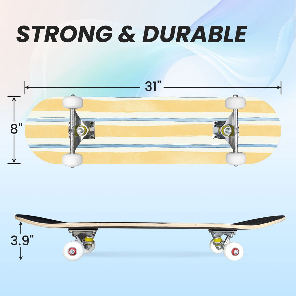31"x8" Complete Skateboards for Beginners,Watercolor Watermelon Slices Pink Striped Double Kick 7 Ply Canadian Maple Deck Skateboard with Wheels, Gifts for Kids Teens
