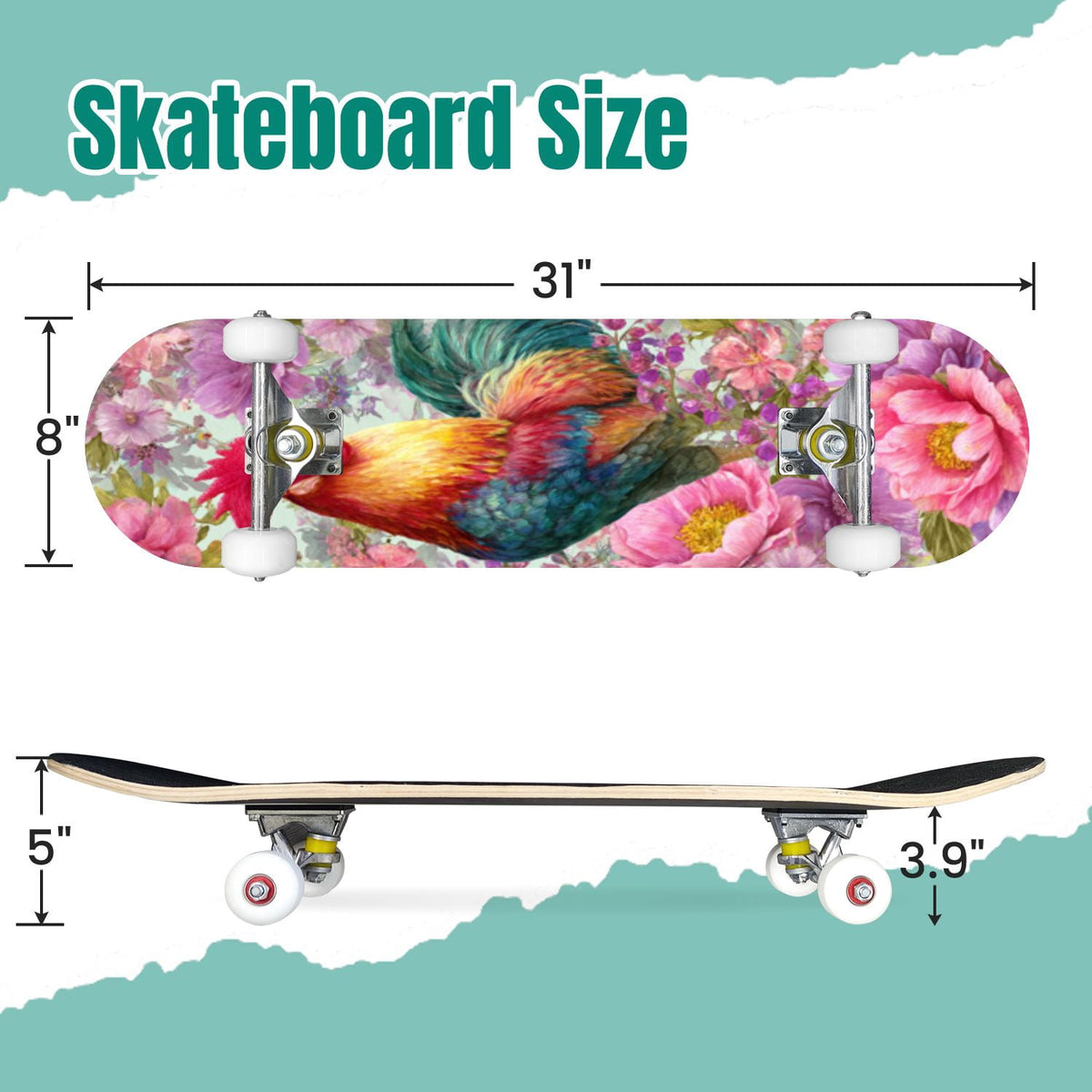 Dark Floral Wildflower Pink Yellow Blue Blooms 31" x 8" Complete Skateboard, 7-Ply Canadian Maple Double Kick Trick Board for Kids and Beginners Adult Gifts
