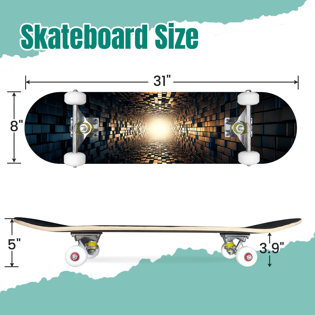 Glowing Futuristic Cubic Tunnel Metallic Tiles Bright Light 31" x 8" Complete Skateboard, 7-Ply Canadian Maple Double Kick Trick Board for Kids and Beginners Adult Gifts
