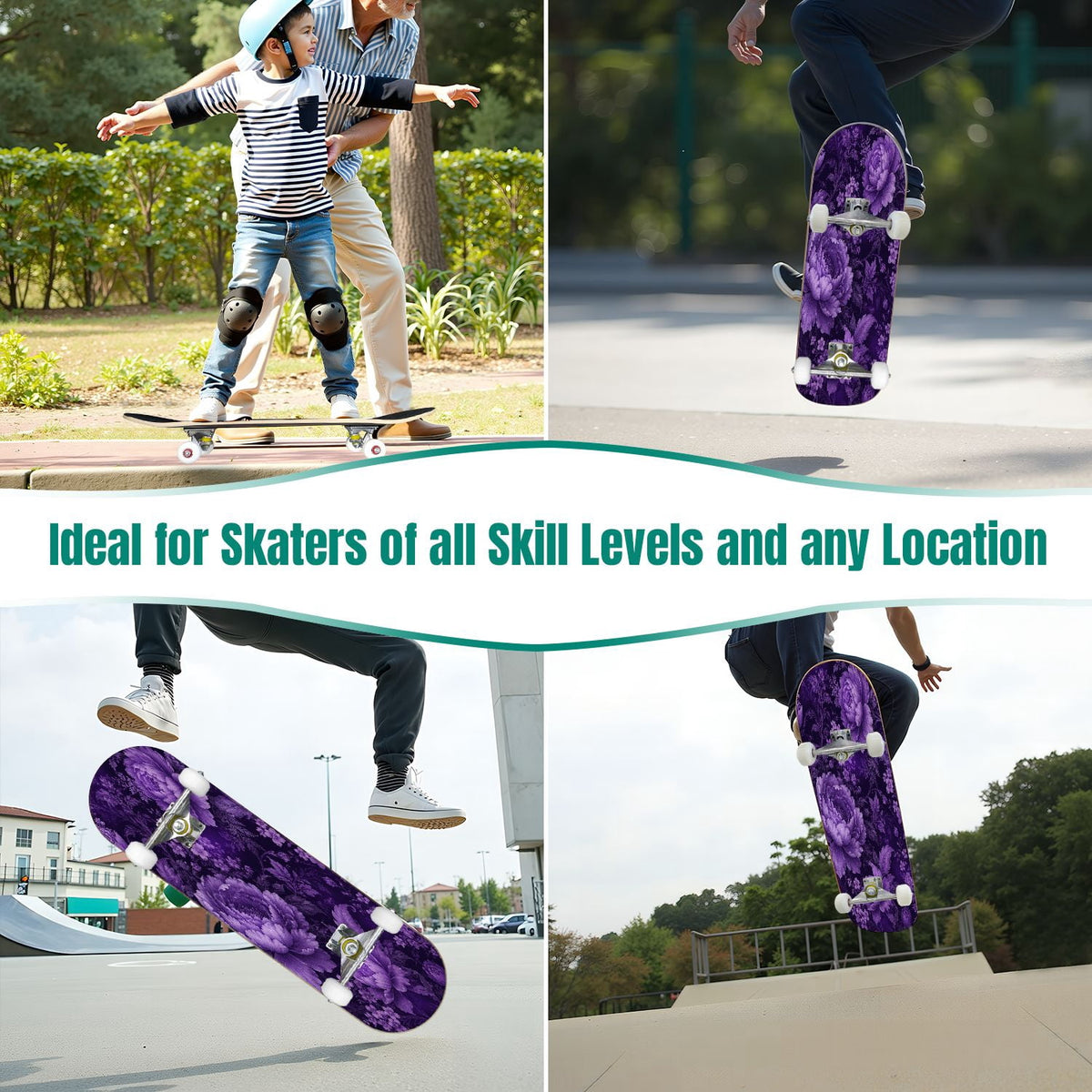 31"x8" Complete Skateboards for Beginners, Purple Celestial Moon Sun Art Floral Stars Double Kick 7 Ply Canadian Maple Deck Skateboard with Wheels, Gifts for Kids Teens
