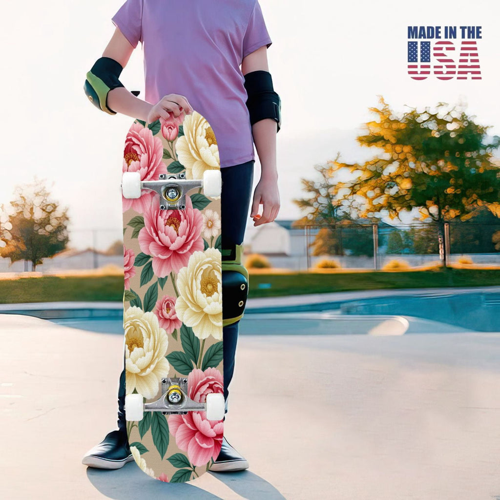 31"x8" Complete Skateboards for Beginners, Pink Floral Ribbon Roses Bows White Double Kick 7 Ply Canadian Maple Deck Skateboard with Wheels, Gifts for Girls Teens