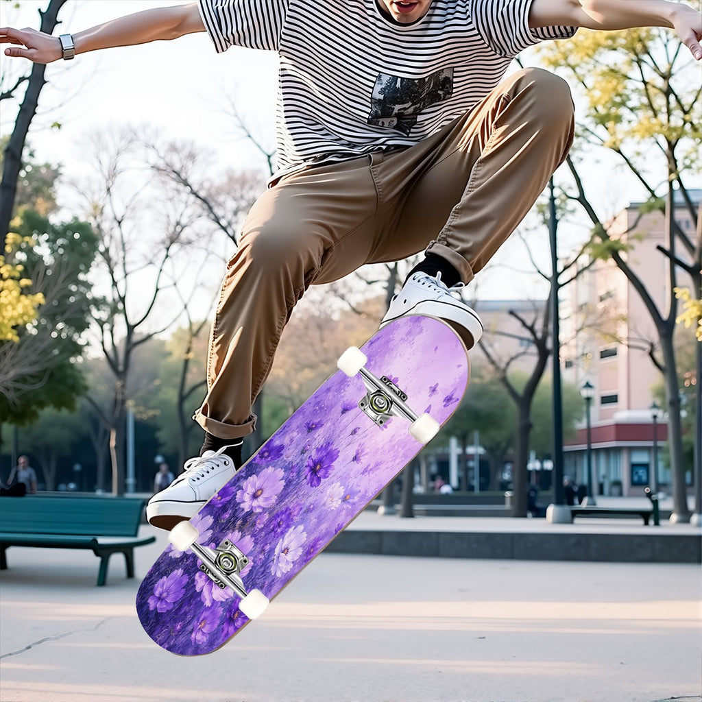 31"x8" Complete Skateboards for Beginners, Purple White Cosmos Flowers Butterflies Watercolor Double Kick 7 Ply Canadian Maple Deck Skateboard with Wheels, Gifts for Kids Teens