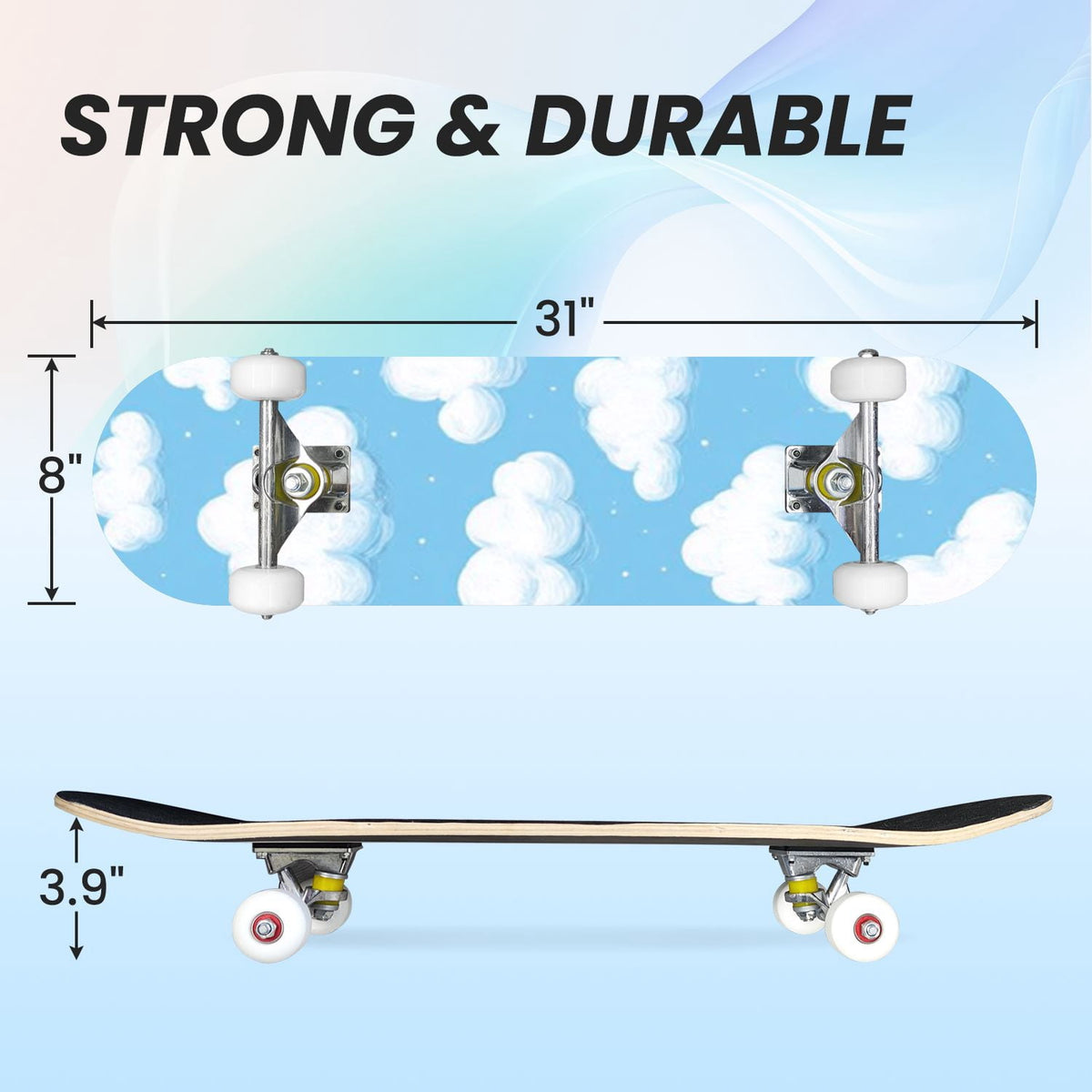 31"x8" Complete Skateboards for Beginners, Cute Light Blue Sky Cartoon Summer Decor Double Kick 7 Ply Canadian Maple Deck Skateboard with Wheels, Gifts for Kids Teens