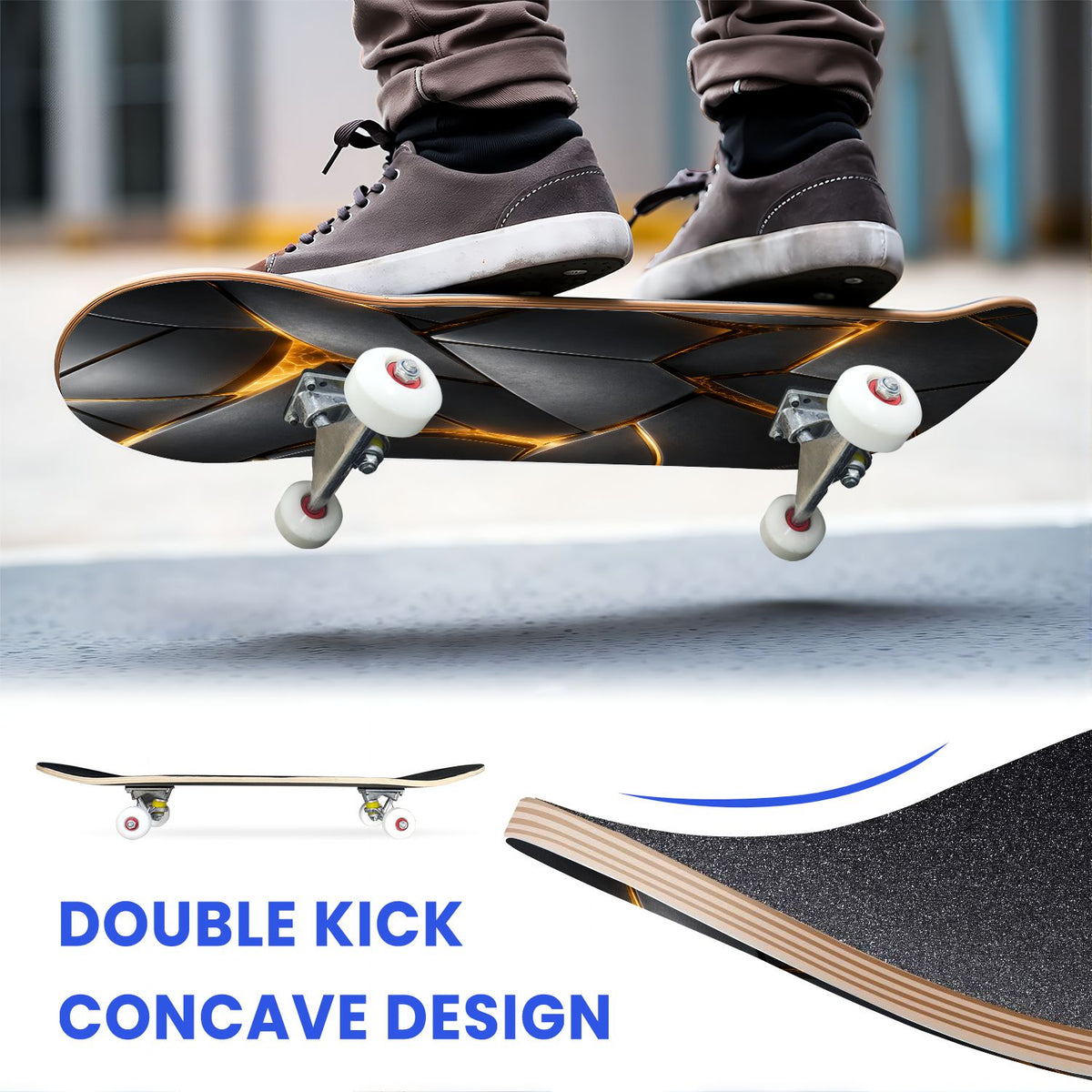 31"x8" Complete Skateboards for Beginners, Abstract Geometric Vibrant Neon Line Accents Dark Futuristic Double Kick 7 Ply Canadian Maple Deck Skateboard with Wheels, Gifts for Boys Teens