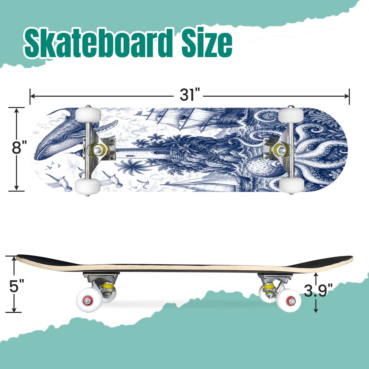 Abstract Geometric Curved Shapes Earthy Tones 31" x 8" Complete Skateboard, 7-Ply Canadian Maple Double Kick Trick Board for Kids and Beginners Adult Gifts