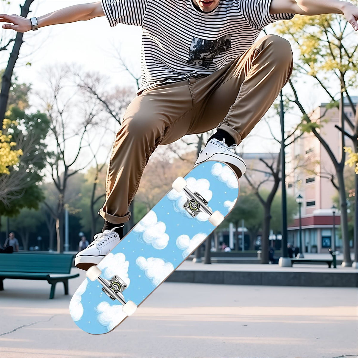 31"x8" Complete Skateboards for Beginners, Cute Light Blue Sky Cartoon Summer Decor Double Kick 7 Ply Canadian Maple Deck Skateboard with Wheels, Gifts for Kids Teens