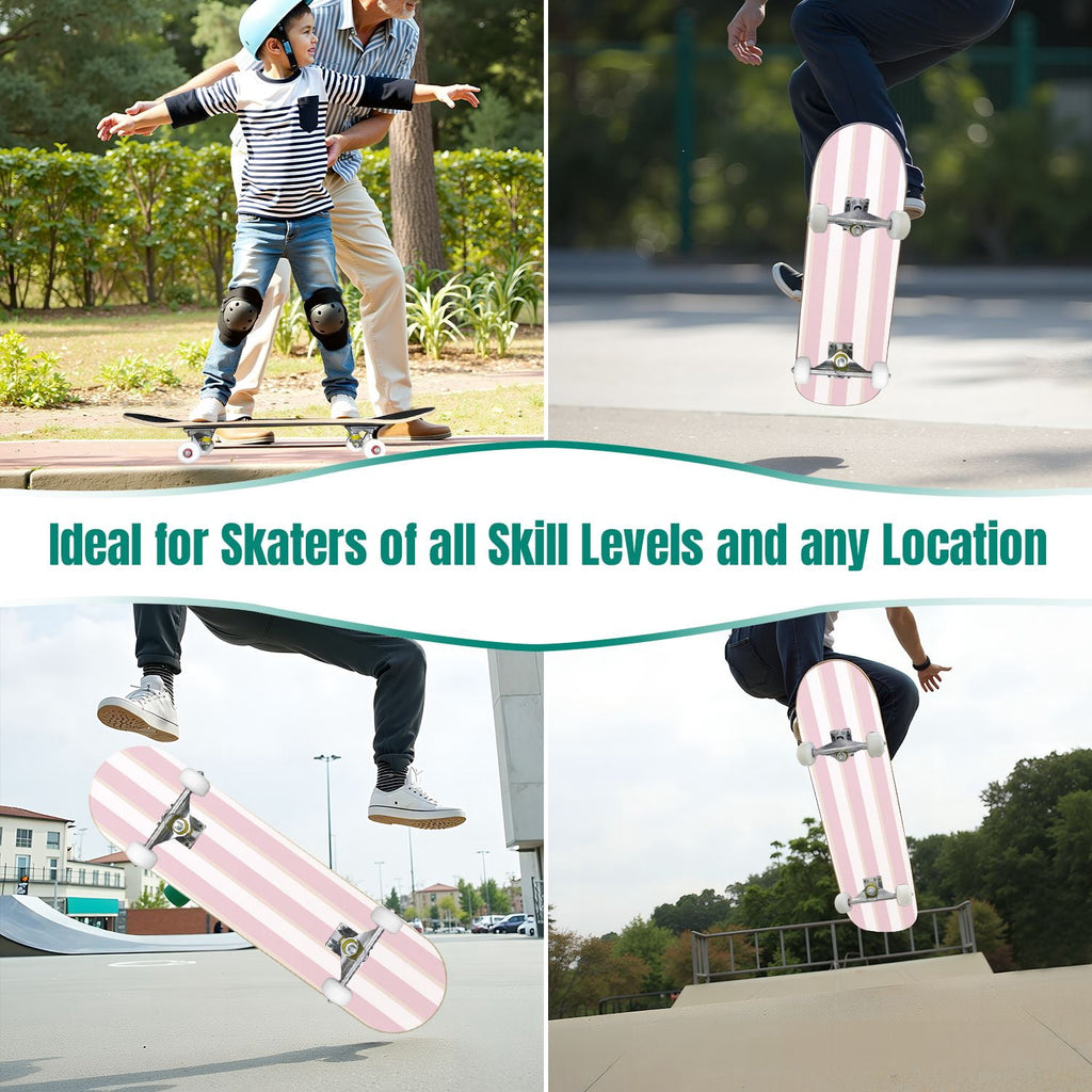 31"x8" Complete Skateboards for Beginners,Pastel Pink Vertical Stripe Minimalist Soft Design Double Kick 7 Ply Canadian Maple Deck Skateboard with Wheels, Gifts for Kids Teens
