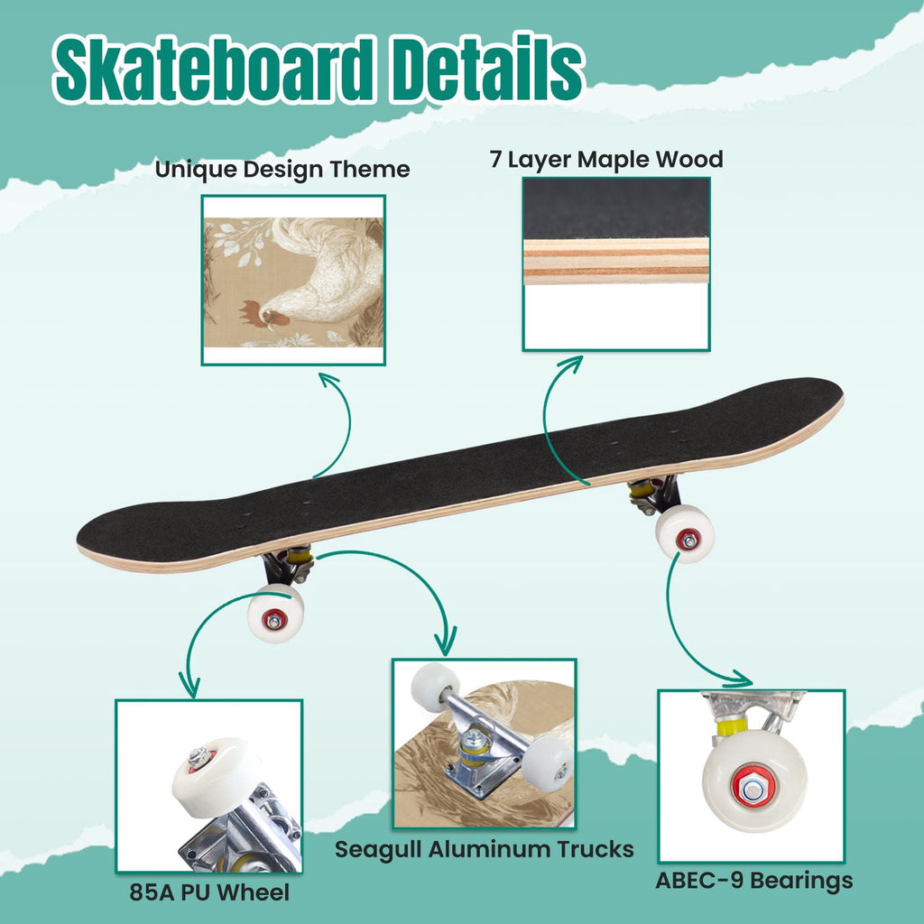 Vibrant Floral Bouquet Pink Roses Bright Colors Teal 31" x 8" Complete Skateboard, 7-Ply Canadian Maple Double Kick Trick Board for Kids and Beginners Adult Gifts