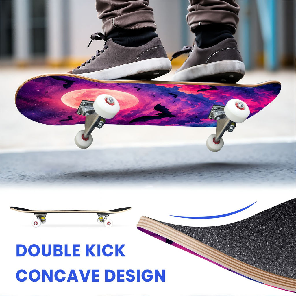 31"x8" Complete Skateboards for Beginners, Purple Celestial Moon Sun Art Floral Stars Double Kick 7 Ply Canadian Maple Deck Skateboard with Wheels, Gifts for Kids Teens