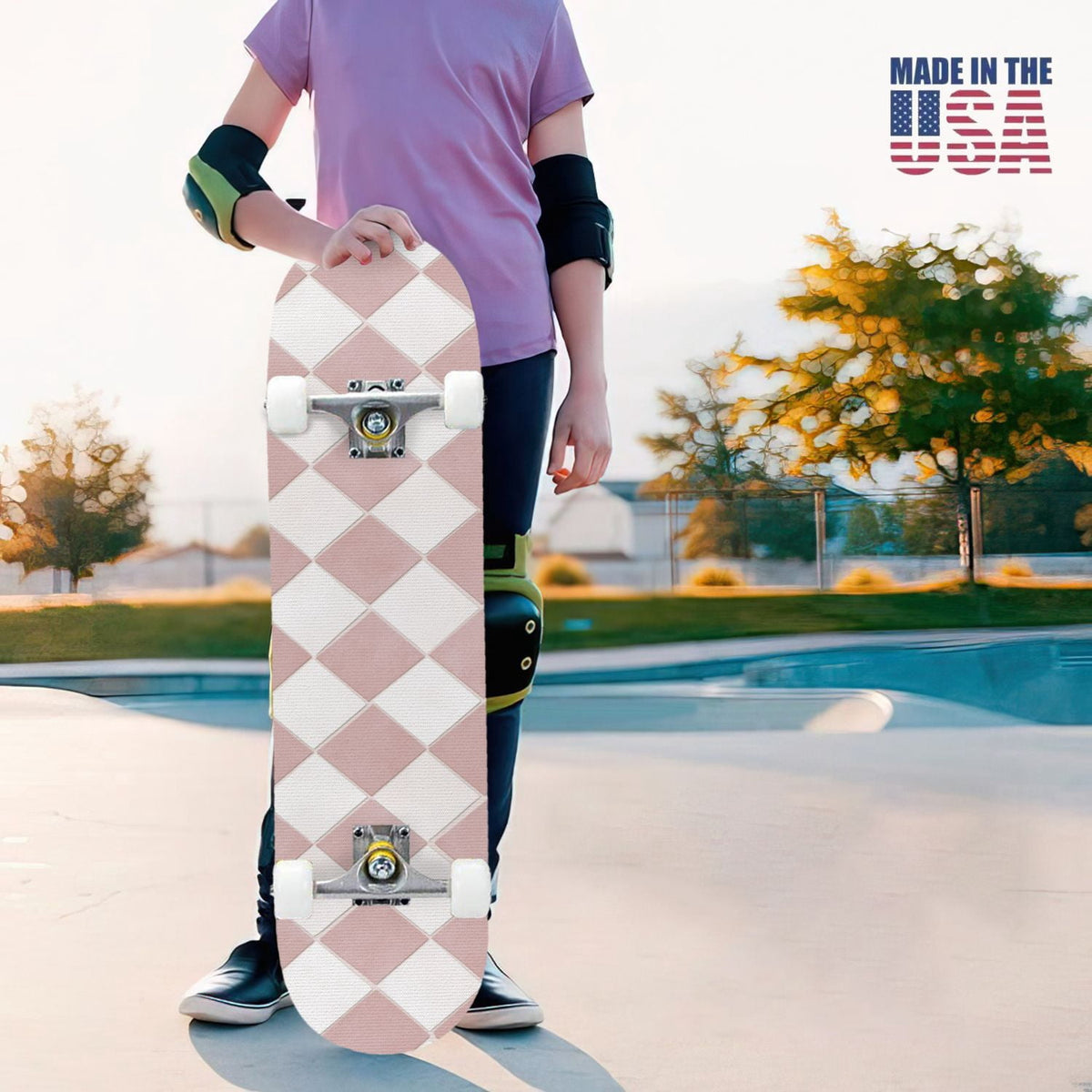 31"x8" Complete Skateboards for Beginners,Colorful Geometric Tile Multicolored Squares Double Kick 7 Ply Canadian Maple Deck Skateboard with Wheels, Gifts for Kids Teens