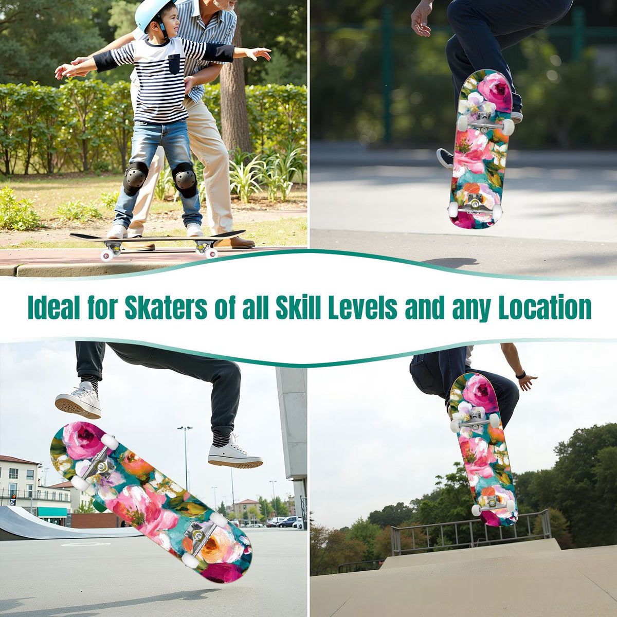Vibrant Floral Bouquet Pink Roses Bright Colors Teal 31" x 8" Complete Skateboard, 7-Ply Canadian Maple Double Kick Trick Board for Kids and Beginners Adult Gifts
