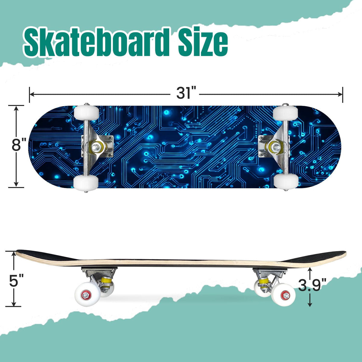 Futuristic Blue Abstract Technology Glowing Core 31" x 8" Complete Skateboard, 7-Ply Canadian Maple Double Kick Trick Board for Kids and Beginners Adult Gifts