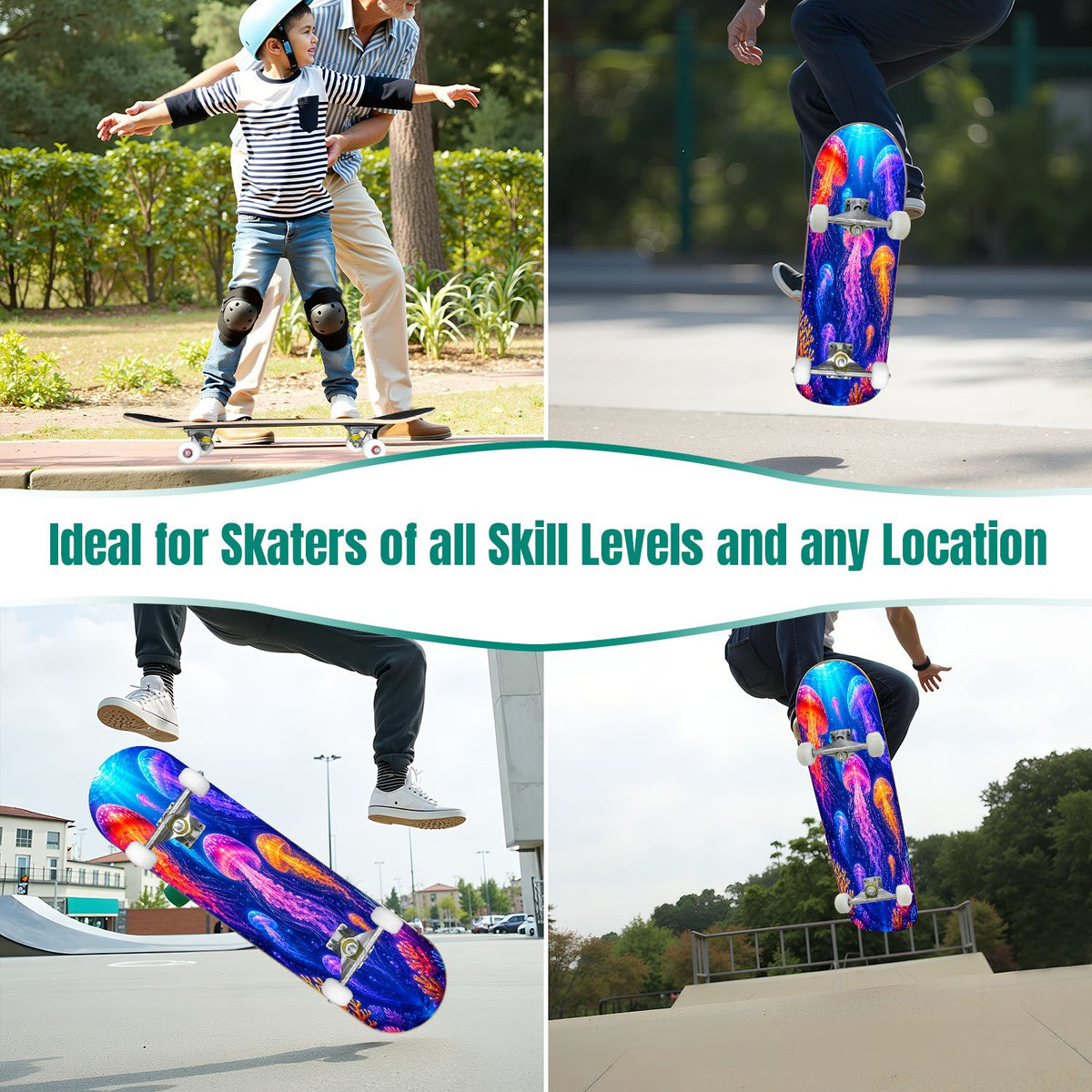 31"x8" Complete Skateboards for Beginners, Colorful Cosmic Octopus Tentacles Starry Marine Life Double Kick 7 Ply Canadian Maple Deck Skateboard with Wheels, Gifts for Kids Teens