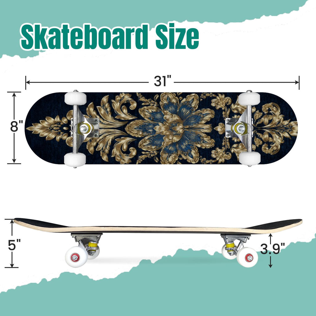 Botanical Birds Lemons Flowers Blue 31" x 8" Complete Skateboard, 7-Ply Canadian Maple Double Kick Trick Board for Kids and Beginners Adult Gifts